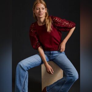 Anthropologie Deep Red Lace Sleeve Blouse